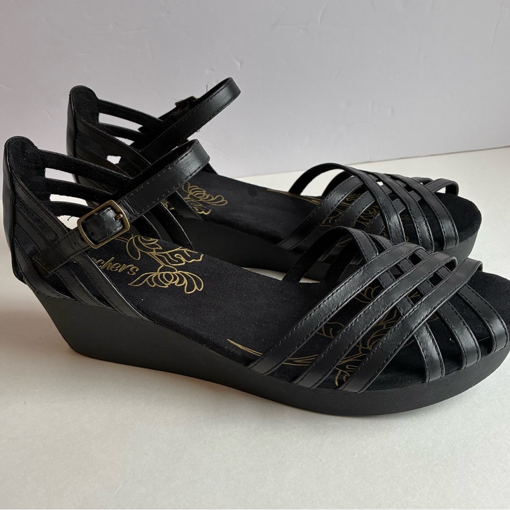 Skechers Women’s Orchard Blossom Wedge Sandals Heels Strappy Black Size 9 - Picture 2 of 9